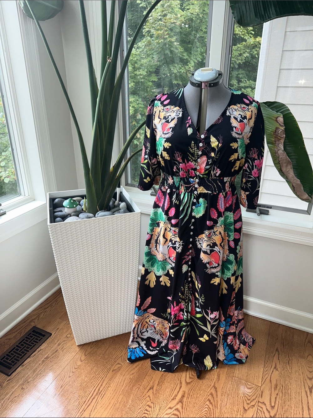 Floral Tiger Print Black Midi Dress